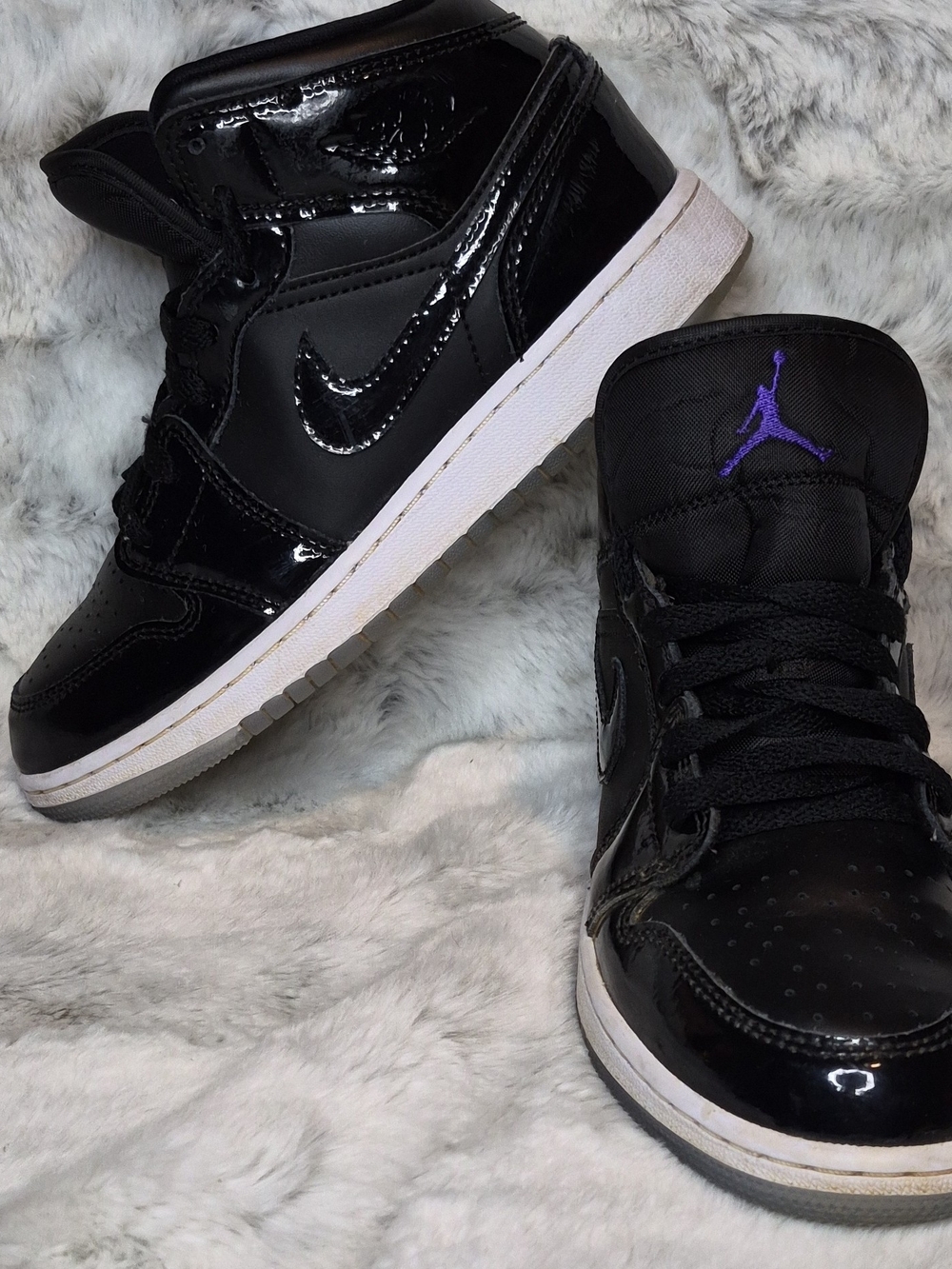 Jordan Black Patent Leather Mid-Top Sneakers with Purple Jumpman